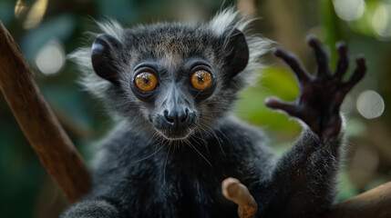 Naklejka premium A nocturnal lemur from Madagascar, recognized by its long, thin middle finger used for tapping on trees to find insects