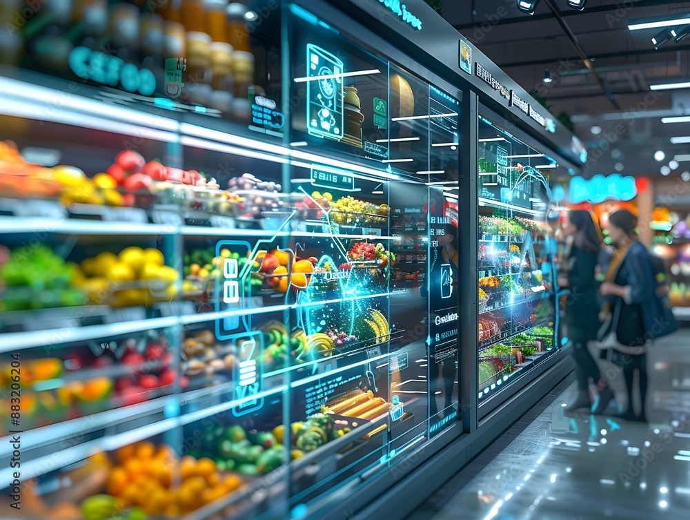 Poster futuristic smart grocery store with high tech shopping experience and digital navigation