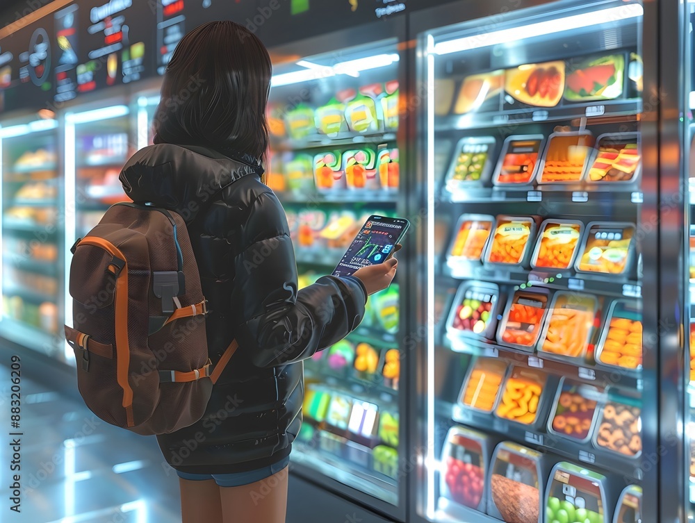 Poster futuristic smart grocery store with convenient app powered shopping experience and high tech display