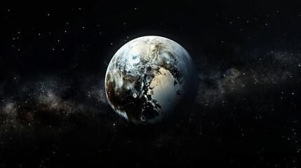 Naklejka premium This image showcases a serene blue planet gliding through the vastness of space, presenting a tranquil and mesmerizing view of the universe with swirling cosmic clouds.