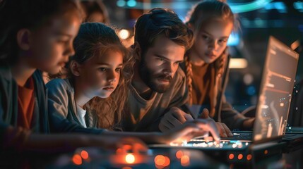 Teacher guiding students through a didactic lesson on coding, with laptops and screens, Futuristic, Cool Tones, 3D rendering