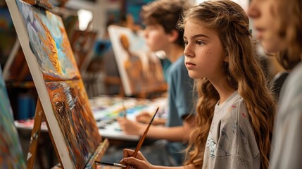 Students practicing art techniques in a structured curriculum, painting on easels, Artistic, Warm Tones, Digital Painting