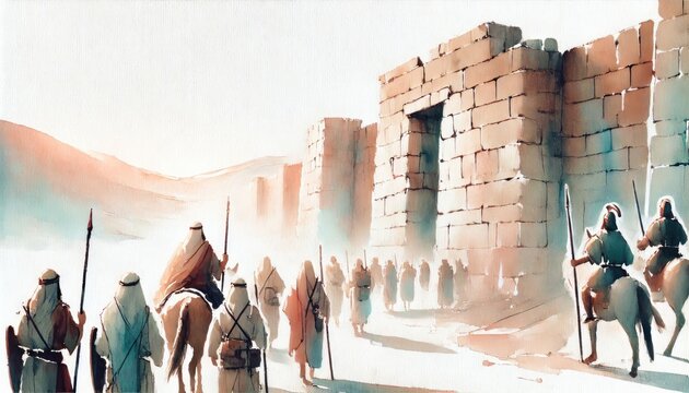 Joshua and the walls of Jericho. Digital watercolor illustration.