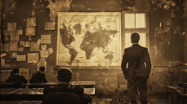 Teacher conducting a didactic lesson on history with visual aids and artifacts, Historical, Sepia, Digital Art