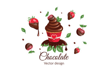 Cupcake with chocolate cream and juicy berry in chocolate. Vector design on a white background.