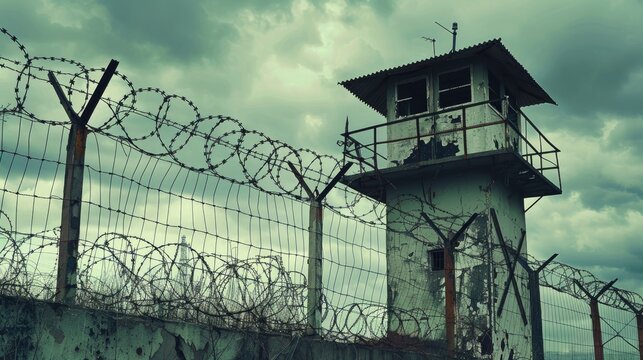 Vintage watchtower guarded by filter behind barbed wire prison barrier