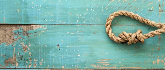 A Twisted Rope Knot on Weathered Blue Wooden Planks