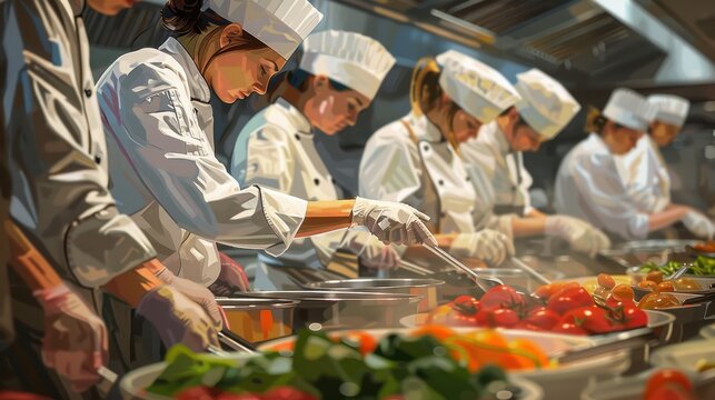 Students practicing culinary skills in a kitchen with a structured curriculum, Contemporary, Warm Colors, Digital Art