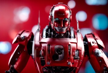 close robot red background closeup mechanical technology artificial intelligence modern futuristic