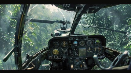 A close-up of an Attack Helicopters AH-64 Apaches cockpit amidst a jungle operation The pilots face is tense with concentration