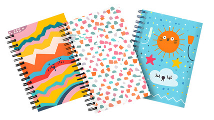 set of different school notebooks, one decorated with colorful patterns, another with cartoon...