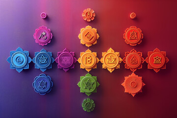 Rainbow colour mandalas, each representing a chakra. The mood is vibrant and spiritual, suitable for themes of chakra alignment, meditation, mindfulness, and holistic healing. Copy space