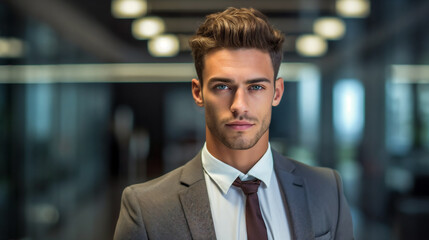 Fototapeta premium a man in a suit and tie standing in a room with lights on the ceiling and a mirror behind him