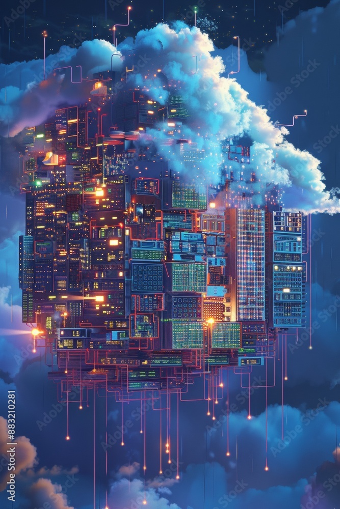 Poster a fluffy pixel art cloud morphing into chunky servers and blocky network switches, illustrating clou