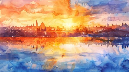 Biblical Jerusalem. Panoramic view of ancient city. Watercolor digital painting.
