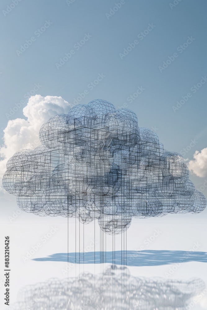 Poster a geometric cloud built from triangular wireframe elements, emphasizing its structured and modular n