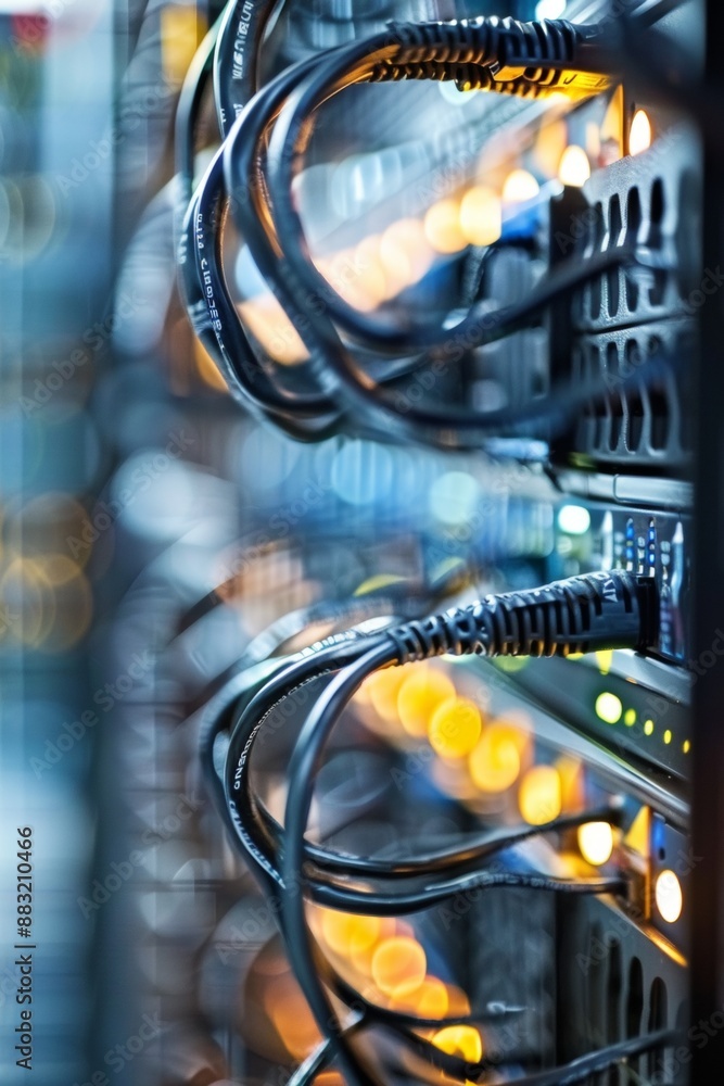 Poster a network cable snaking through a server rack, close-up macro shot with shallow depth of field