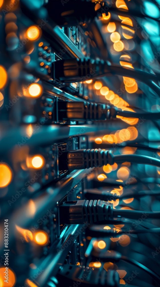 Poster a network cable snaking through a server rack, close-up macro shot with shallow depth of field
