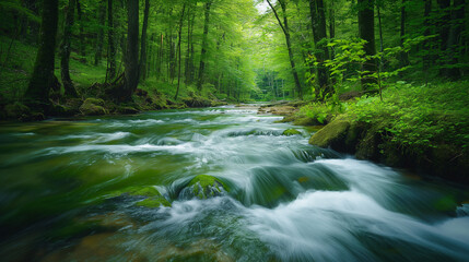 Obraz premium Beautiful forest with a flowing river in spring, green trees and a natural landscape background, Generative AI