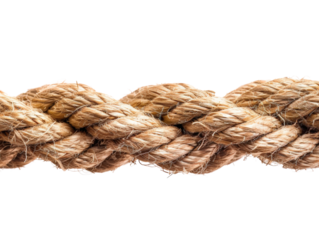 Close-up of a tied knot in a thick rope, isolated on a white background, representing strength, connection, and reliability.