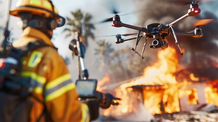 Firefighter controlling a drone to survey a burning building, illustrating the advanced technology used in modern firefighting efforts.