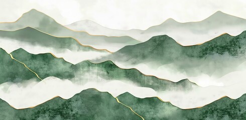 An abstract watercolor artwork featuring green mountainous landscapes with golden outlines, blending traditional and modern styles.