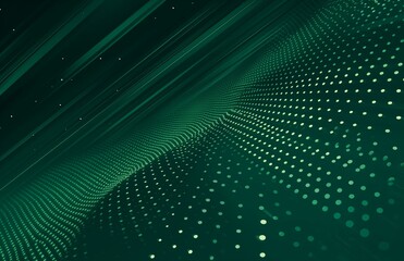 Abstract dark green background with flowing lines and dotted wave patterns.