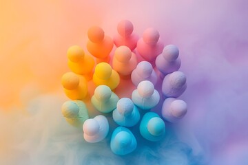 Team roles and responsibilities in a minimalist style, captured from a bird's eye view with a symmetry composition and a bokeh effect, illuminated by soft light, featuring a pastel color scheme.