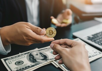 A business professional exchanging a Bitcoin coin with another person. The transaction takes place at a desk with U.S. dollar banknotes and a laptop visible in the background.