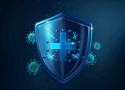 A medical shield with a cross symbol and coronavirus icons, representing health and protection against viruses.