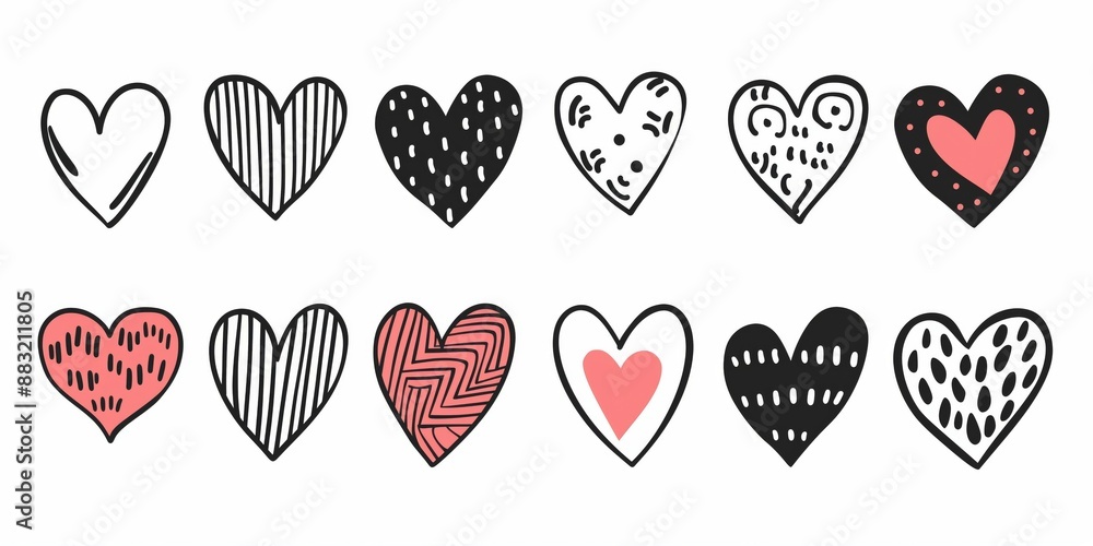 Canvas Prints A set of hand drawn hearts with various designs on a white background.