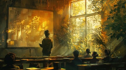 Teacher delivering a didactic lecture on literature with books and visual aids, Classic, Warm Lighting, Digital Painting