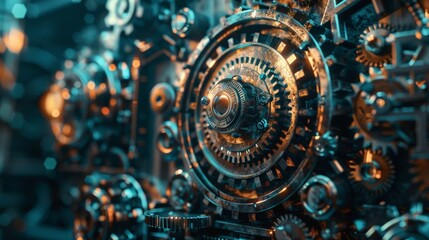 An intricate, clockwork-inspired lock mechanism, interlocking gears and coded symbols representing the complexities of encryption, photorealistic