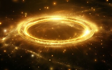 A golden light ring shines on a dark background, creating a luminous and mystical atmosphere.