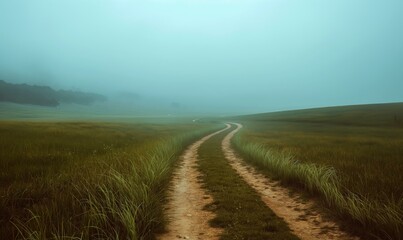 Naklejka premium A winding dirt road in a foggy meadow.