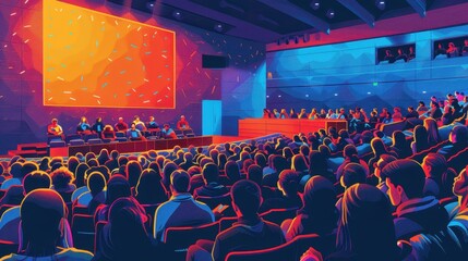 Students practicing public speaking skills in a structured seminar, Modern Auditorium, Bright Colors, Illustration