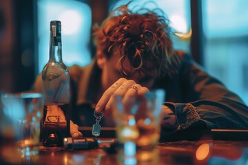 Drunk driver Young drunk man sitting in pub and holding car key