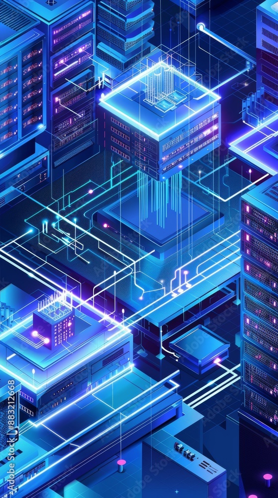 Poster isometric blueprint of a data center, showcasing multiple floors, server racks, and network pathways