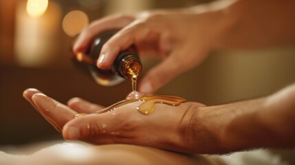 Close-up of an aromatherapy massage: hands pouring oil from a bottle, focusing on textures of skin and the bottle