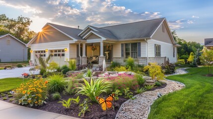 Suburban Colonial home with a front yard designed as a butterfly garden, attracting various species with its native plants