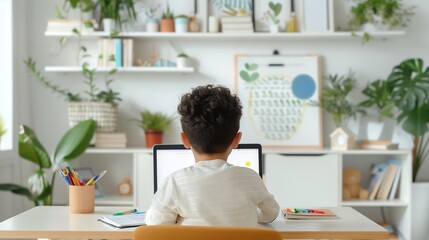 Young child using laptop at a desk in a modern home office setting with plants and decorations, focusing on learning or doing homework.