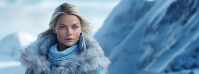 Beautiful nordic woman standing against a cool glacier blue and white backgorund with empty copy space for text and advertising, ai generated