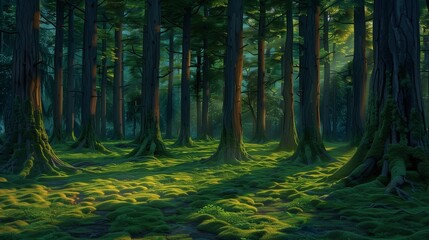 A tranquil forest scene at dusk, with tall, ancient trees casting long shadows on a carpet of vibrant green moss, and a soft, warm light filtering through the dense foliage.