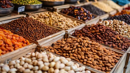 A vibrant display of assorted nuts and dried fruits at a market. The image showcases the variety,...