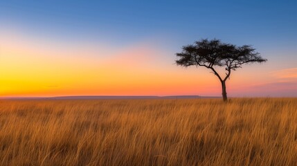 Fototapeta premium A tranquil savanna at dusk, with golden grasses stretching out towards the horizon, and a lone acacia tree silhouetted against the fiery colors of the setting sun.