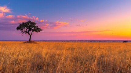 Obraz premium A tranquil savanna at dusk, with golden grasses stretching out towards the horizon, and a lone acacia tree silhouetted against the fiery colors of the setting sun.