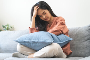 Obraz premium Sad, unhappy. Alone asian young woman, girl expression face thinking about problem, difficulty, feeling failure and exhausted, suffering from loneliness, grief sorrow and bad relationship or break up.