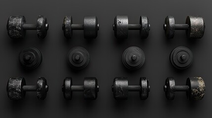 Black dumbbells in rows, fitness and gym equipment.