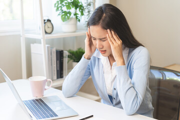 Stressed, exhausted asian young woman, girl pain from vertigo, having migraine symptoms headache,...