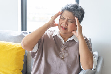 Sick, stress caucasians senior. Mature, adult elderly woman having migraine pain, headache symptom,...